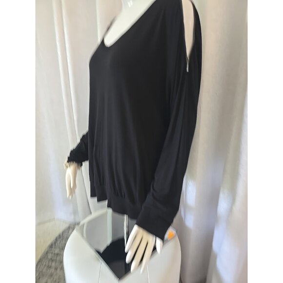 CHICOS Black Cold Shoulder Open Zippers Long Sleeves Stretch T Shirt  size 2 L - Picture 7 of 10
